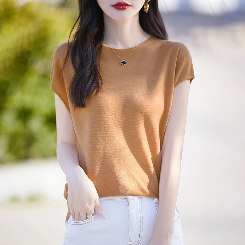 

Women's T-shirts Spring/Summer New Style Knitted Short Sleeve Casual Solid Blouse Round Neck Tops Ladies Clothes Loose Tees