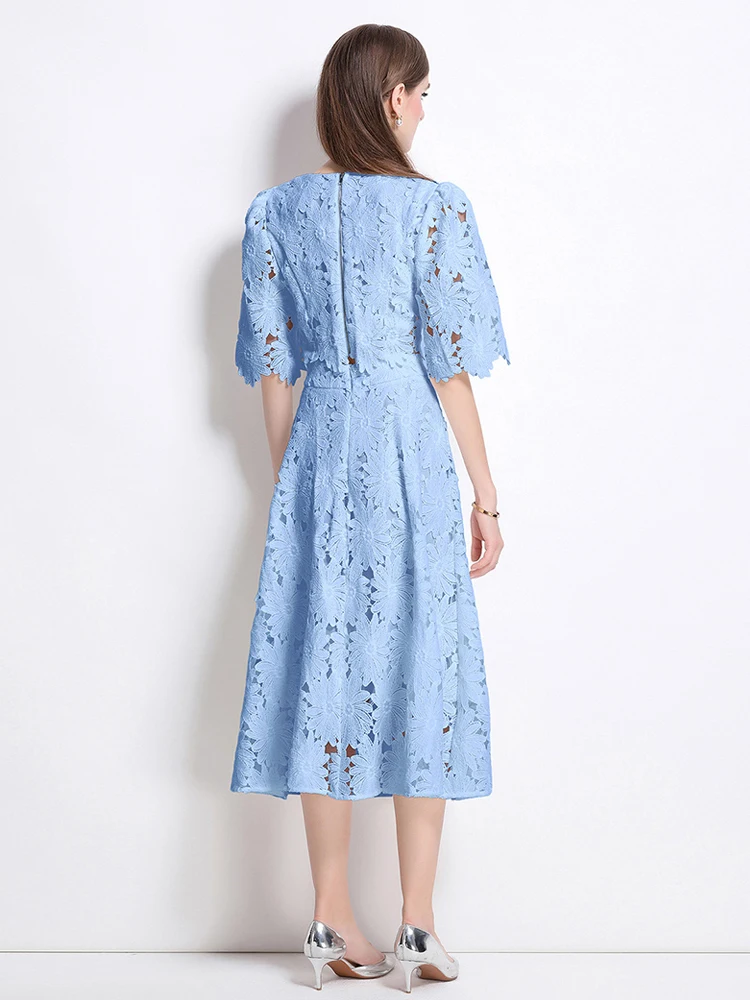 2025 Summer Elegant Lace 2 Piece set Women Beach style Short sleeve tops and Midi skirt Blue White Rhodo Hollow out INKEO 5T065