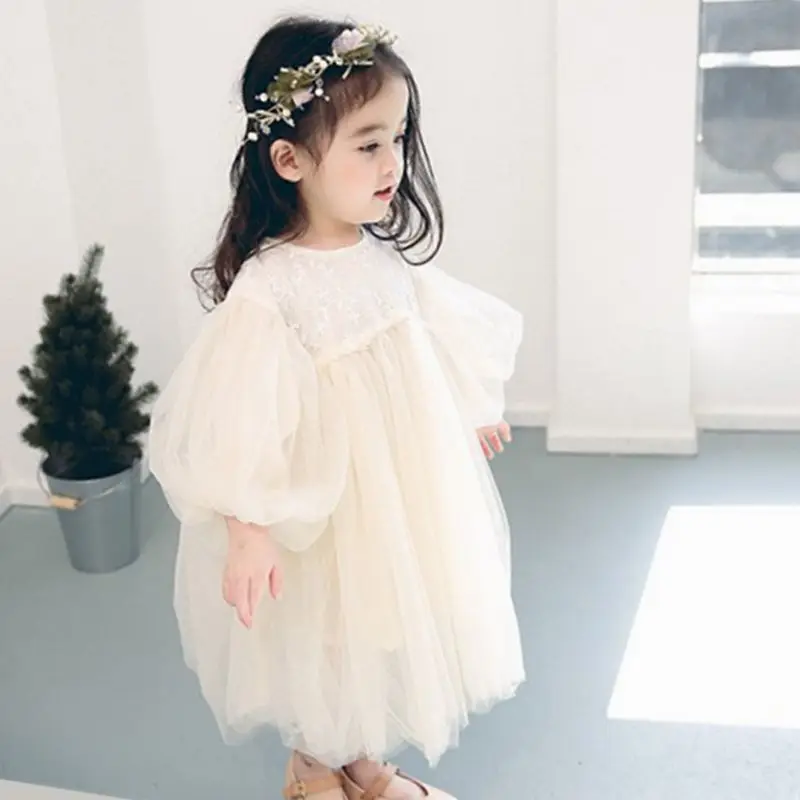 Inner Lining 100% Cotton Four Layer Mesh Skirt Spring Autumn Round Neck Hook Flower Lace Long Sleeve Girls Party Fluffy Dresses