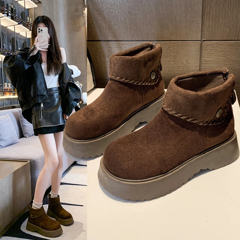 

2025 Winter Fashion Chunky Platform Heels Women Cotton Snow Boots Outdoor Concise Height Increase Keep Warm Short Boots Shoes