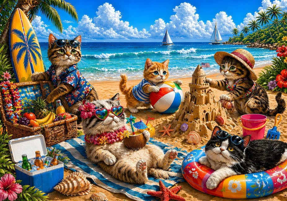 Jigsaw Puzzle 500/1000/1200/2000PCS Summer Tropical Beach Cats Surfboard Sandcastle Sailboat Starfish Seascape Wall Dec Gift