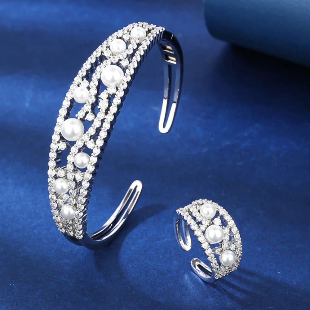 019220 Luxury Pearl Bangle Set for Women Cubic Zircon Bracelet Ring Dubai Charm Bridal Jewelry Accessories Wedding Engagement