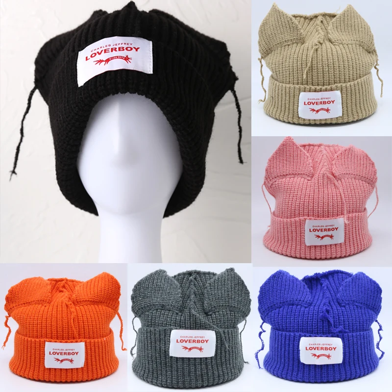 2024 Winter Loverboy Cat Ear Knit Hat Solid Warm Beanies Hat Cute Fashion Hooded Cap Niche Designer Hip-hop Personality Cold Hat