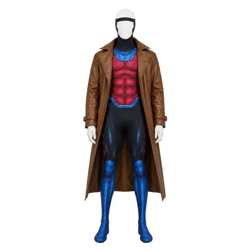X Gambit Remy Cosplay Costume Man Battle Suit Leather Long Trench Jumpsuit Mask Set Superhero Halloween Carnival Outfits
