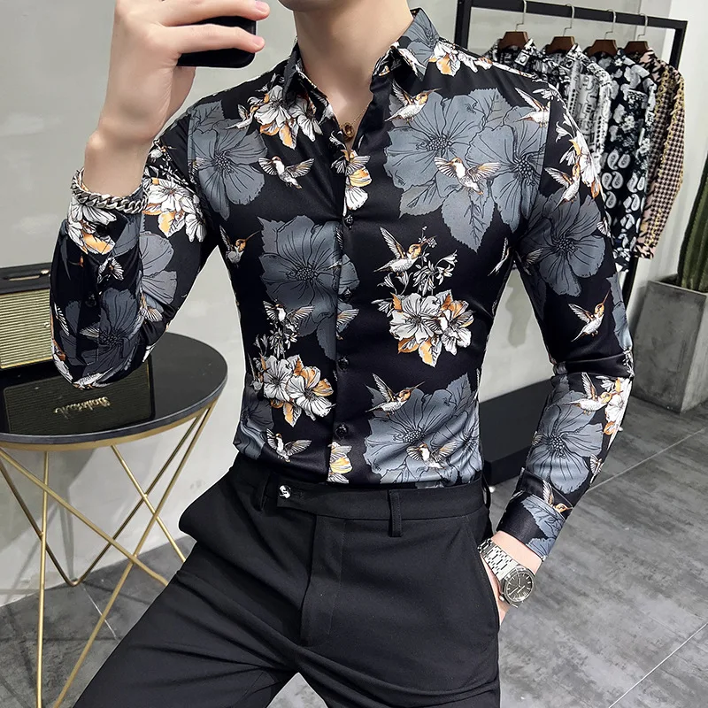 2022 Floral Print Shirts Men Long Sleeve Slim Casual Shirt High Quality Business Formal Dress Shirts Social Party Tuxedo Blouse