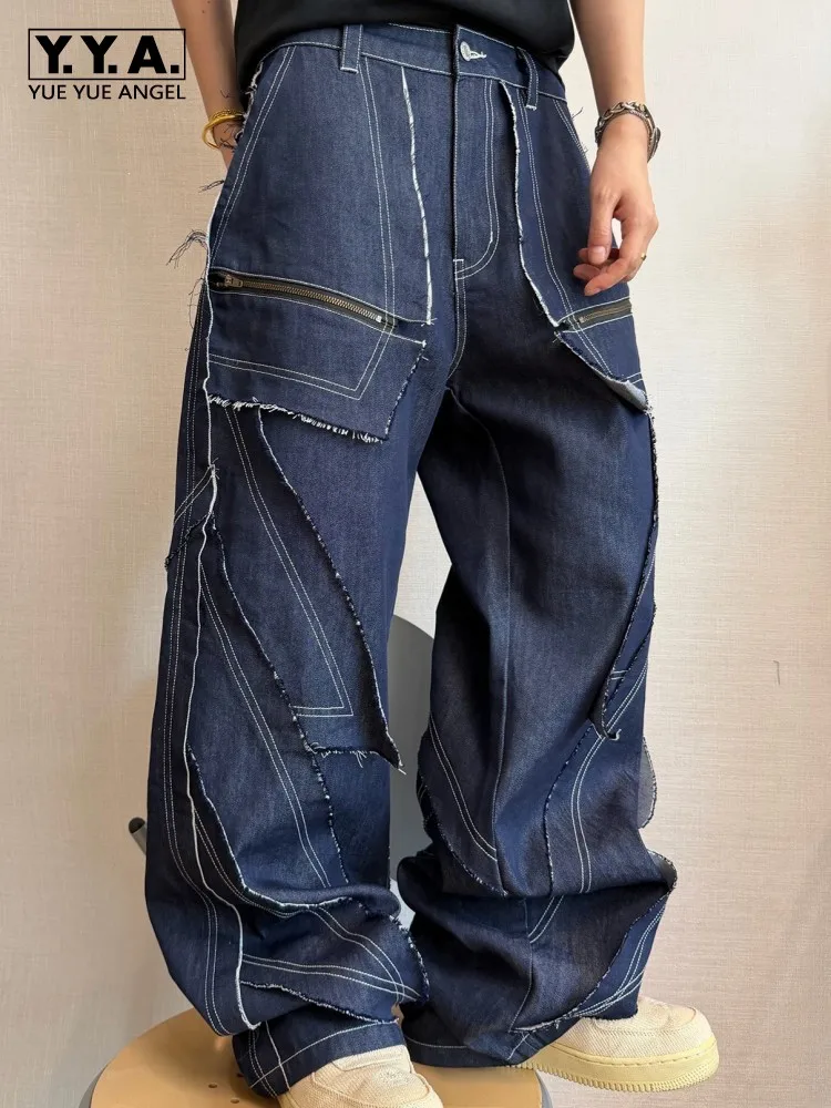 High Street Male Straight Denim Pants Fashion Solid Color Youth Mens Button Low Waist Trousers Versatile Zipper Pockets Jeans