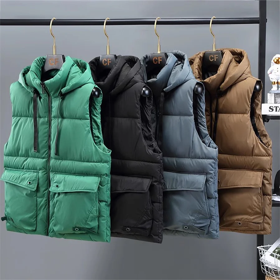 Green Men\'s Hooded Vest 2024 Winter Zipper Warm Stand Collar Waistcoat Men Cotton Padded Sleeveless Jackets with Big Pockets