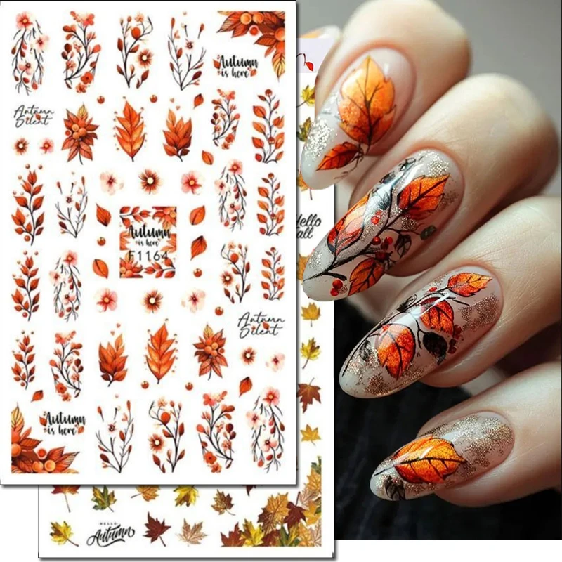 1-Sheet Autumn Red Leafs Maples Winter Flowers 3d Nail Stickers Self-Adhesive Nail Decals For Nail Manicures Tips DIY
