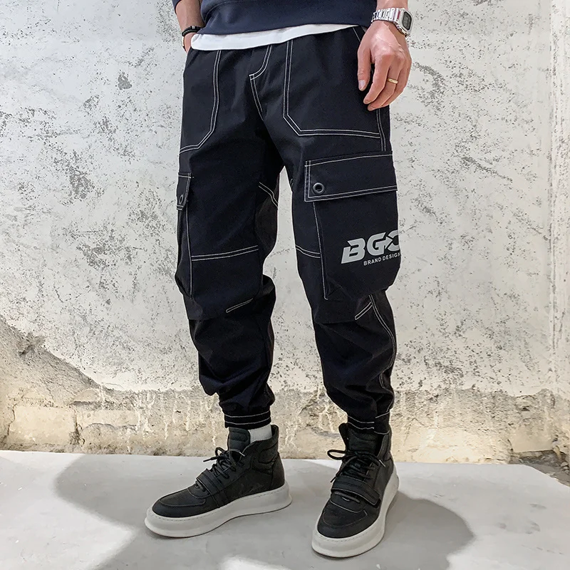 Spring Summer Men's Stitched Multi Pocket Cargo Pants Elastic Waist Drawstring Ankle Cuff Streetwear Hip Hop Jogger Trousers