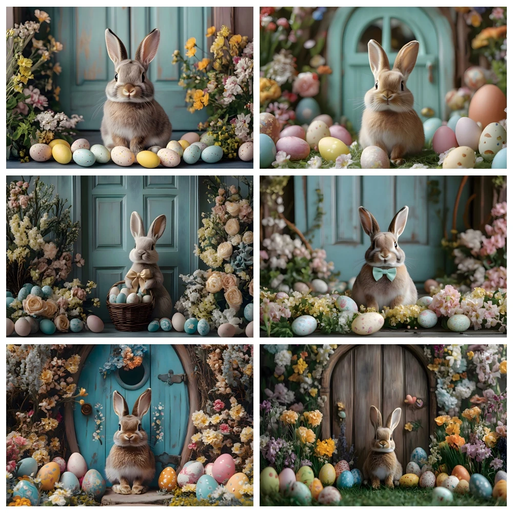 Spring Easter Backdrop Cute Bunny Eggs Rabbit Flower Wooden Cottage Kids Portrait Family Party Photography Background Photobooth