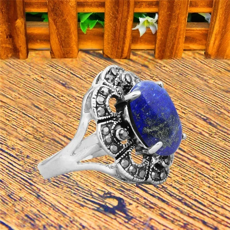 Oval Natural Lapis Lazuli Rings For Women Plum Flower Rhinestone Vintage Look Antique Silver Plated Fashion Jewelry TR687