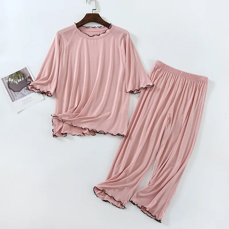 Large Size Modal Pajamas Women\'s Summer Home Clothes Solid Color Night Wear Suit Half Sleeve Capri Pants Set Ladies Sleepwear