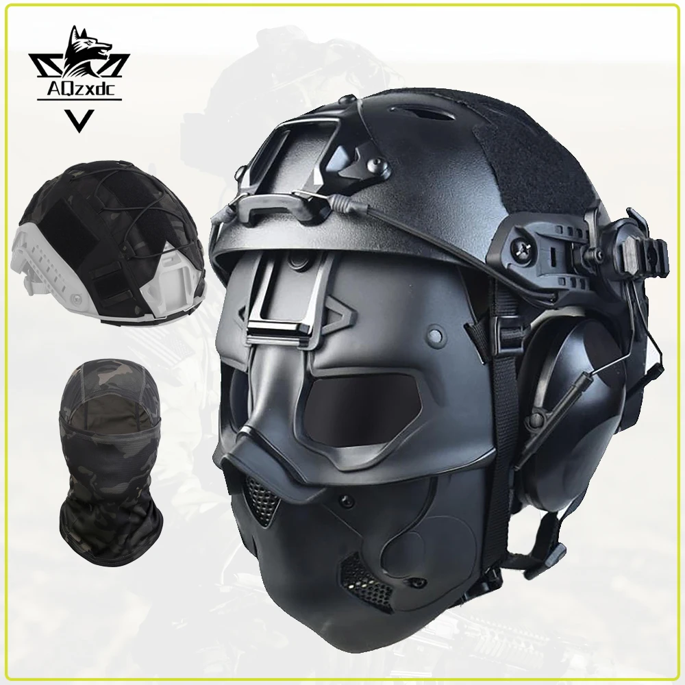 Tactical Fast Helmet Set Airsoft Full Face outdoor Protective Mask With Headphones Helmet Cloth for Hunting Paintball CS Games