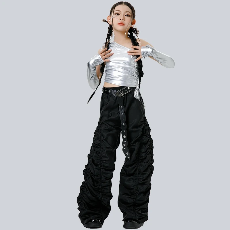 2025 جديد أزياء رقص الجاز الحديثة للفتيات بلوزات فضية السراويل السوداء الشارع الشهير الاطفال الهيب هوب الرقص أداء وتتسابق DQS20777