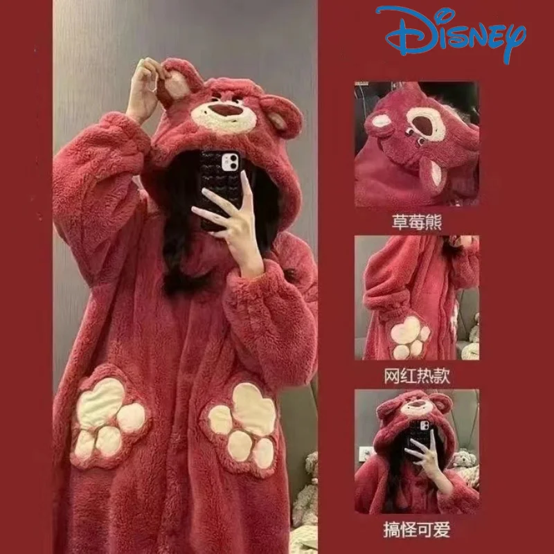 

Kawaii Disney Lotso Cartoon Nightgown Coral Velvet Women Top Pajama Plush Soft Robe Hooded Cardigan Nightdress Home Clothes Warm