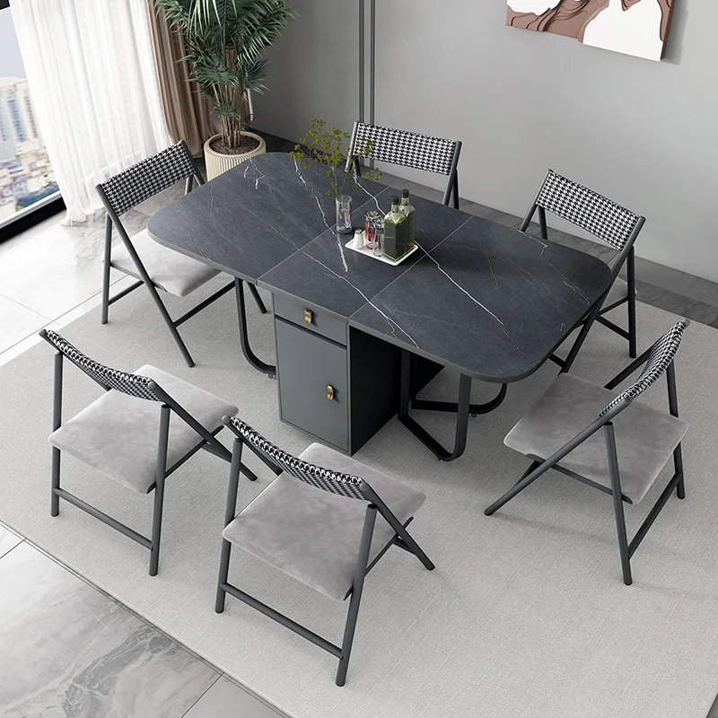 Table de salle à manger mobile et pliante, avec étagère de rangement et 2 tiroirs, Table de cuisine extensible et polyvalente, chaises pliantes en métal