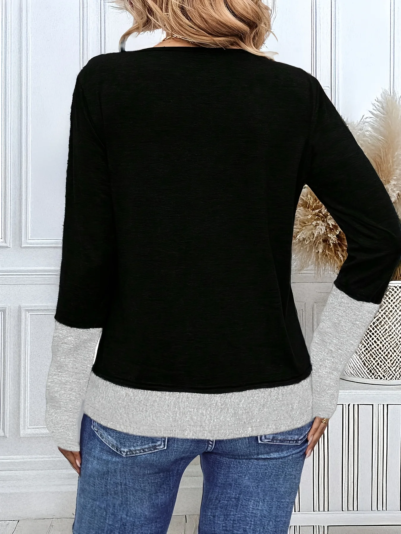 Langärmliges Color-Block-Tunika-Oberteil für Damen in Übergröße für den trendigen Alltag. – Detail 5