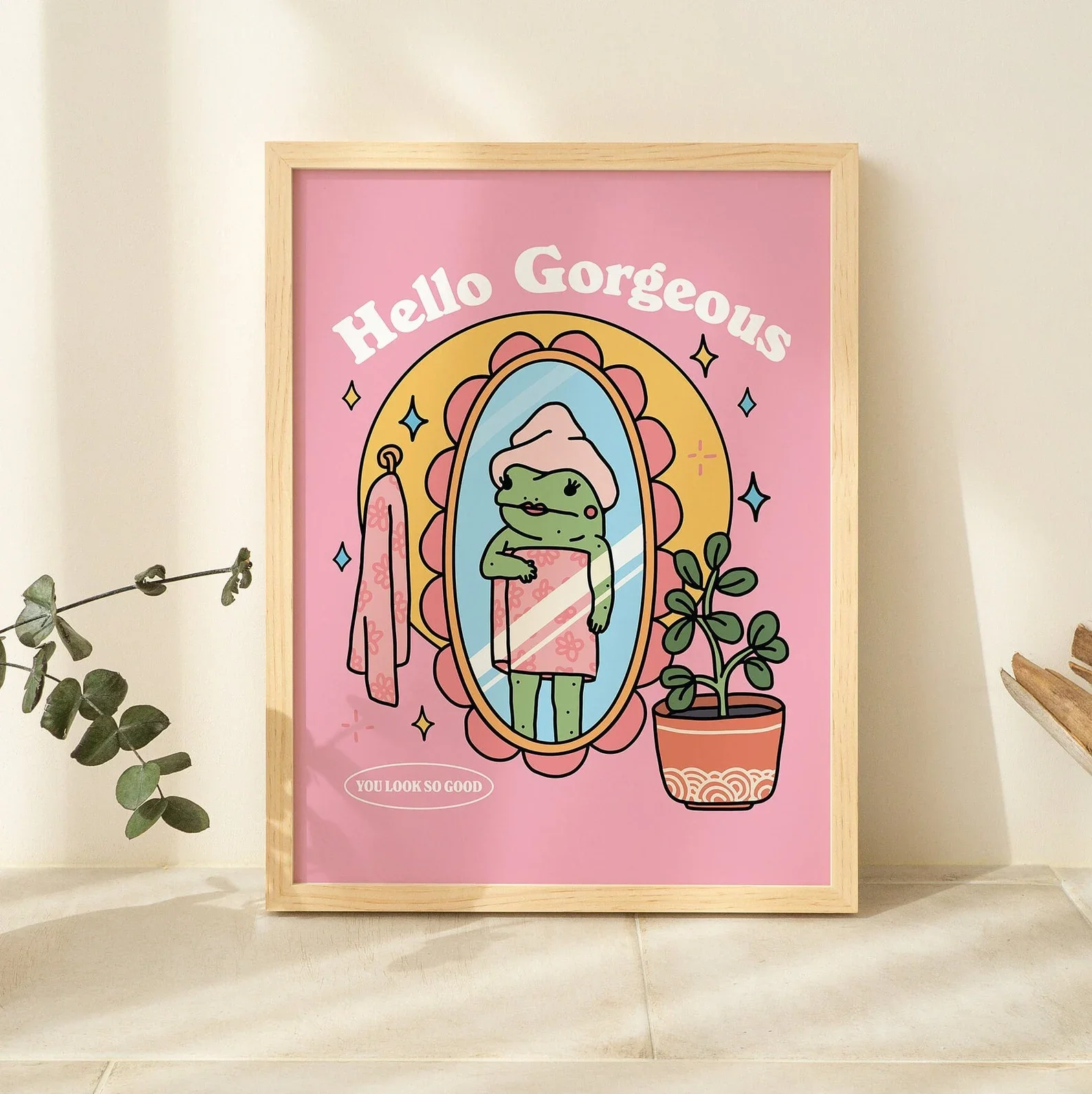 Girly Frog Self Love Wall Print, Positivity Hello Gorgeous Quote, Pink Retro Posters, Bathroom Y2K Poster Prints, Dorm Room Deco