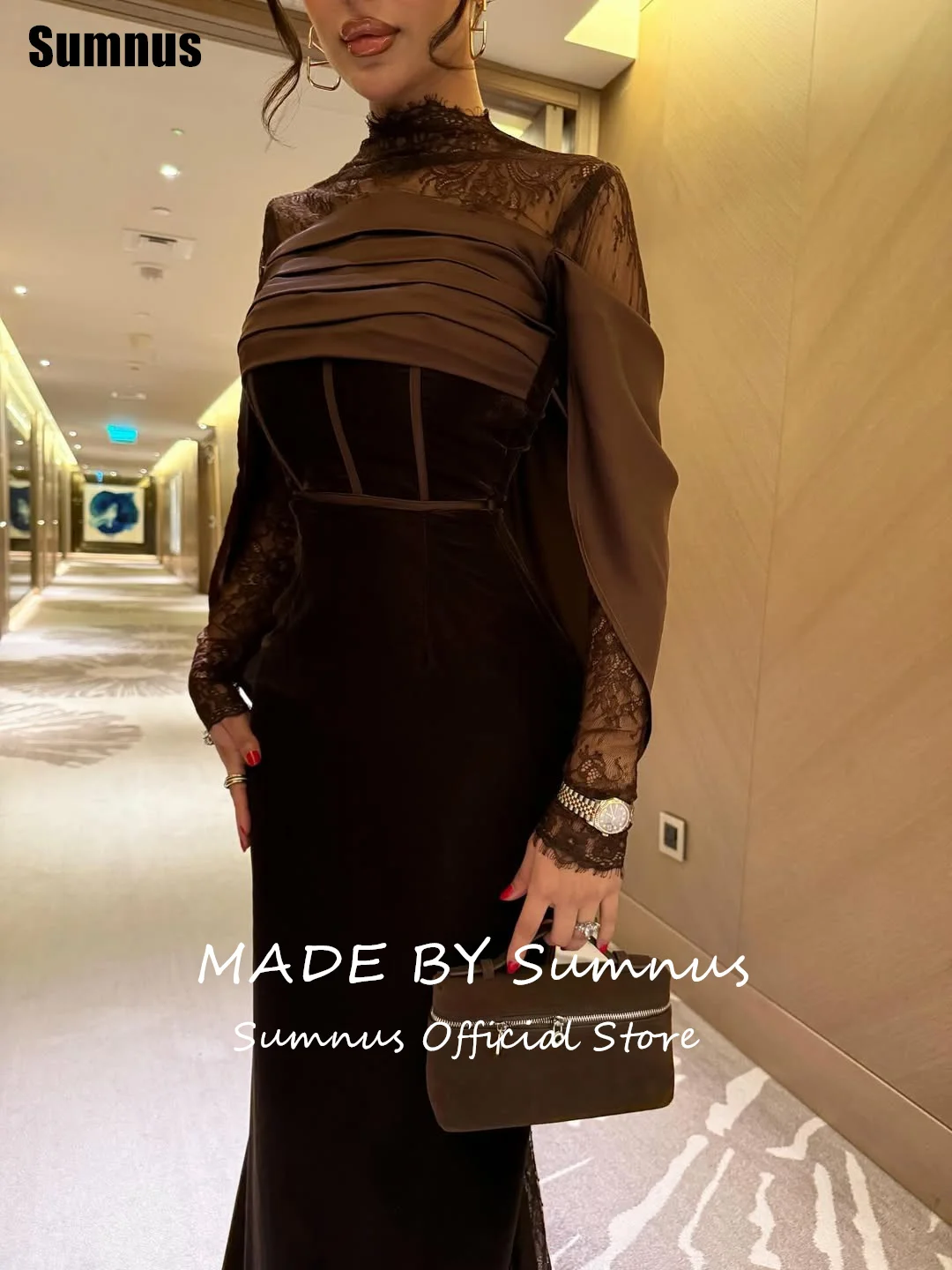 Sumnus الساحرة حورية البحر براون فساتين السهرة الدانتيل الطيات عالية الرقبة الطابق طول مساء اللباس Fساتين Shret مخصص