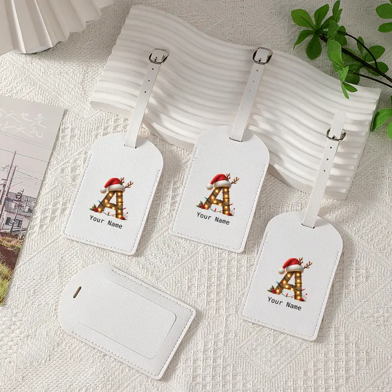 Custom Name Christmas Light Reindeer Antler 26 Initial Letter Luggage Tag Personalized PU Leather Suitcase Tag Christmas Gift