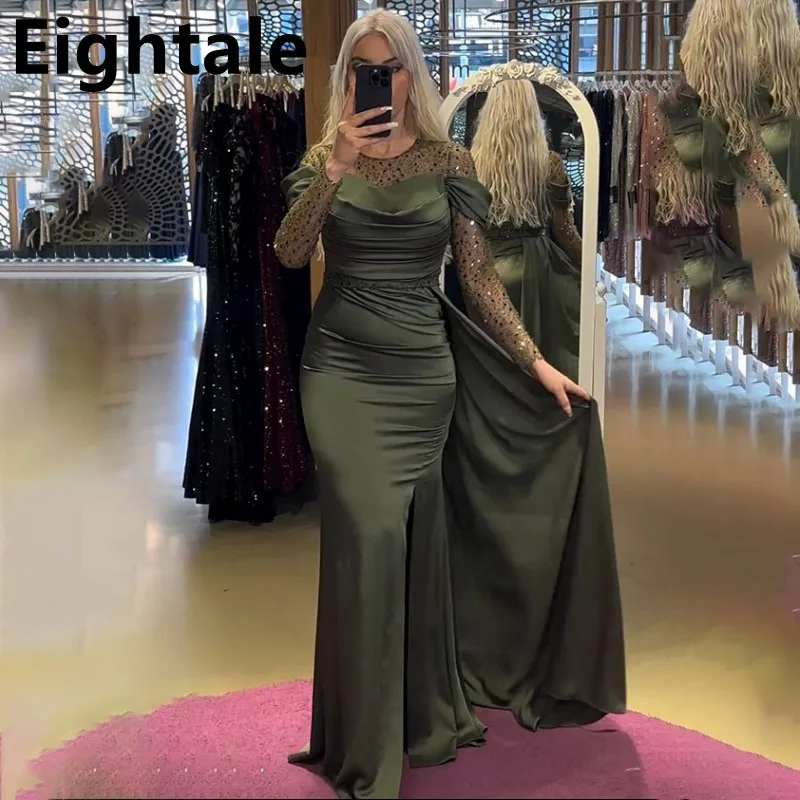 

Eightale Army Green Mermaid Sequin Long Sleeve Prom Dress O Neck Evening Dress Women Formal Party Gown Robes De Soirée