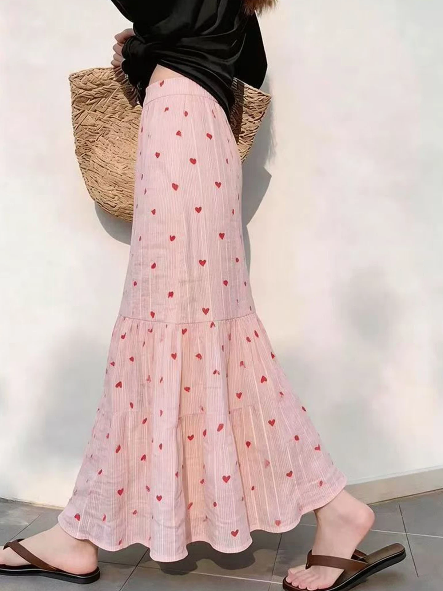 Korean Style High Waist Print Half Skirt Women's Summer Slimming Gentle Fish Tail Long Skirt Versatile Age Reducing City Commute