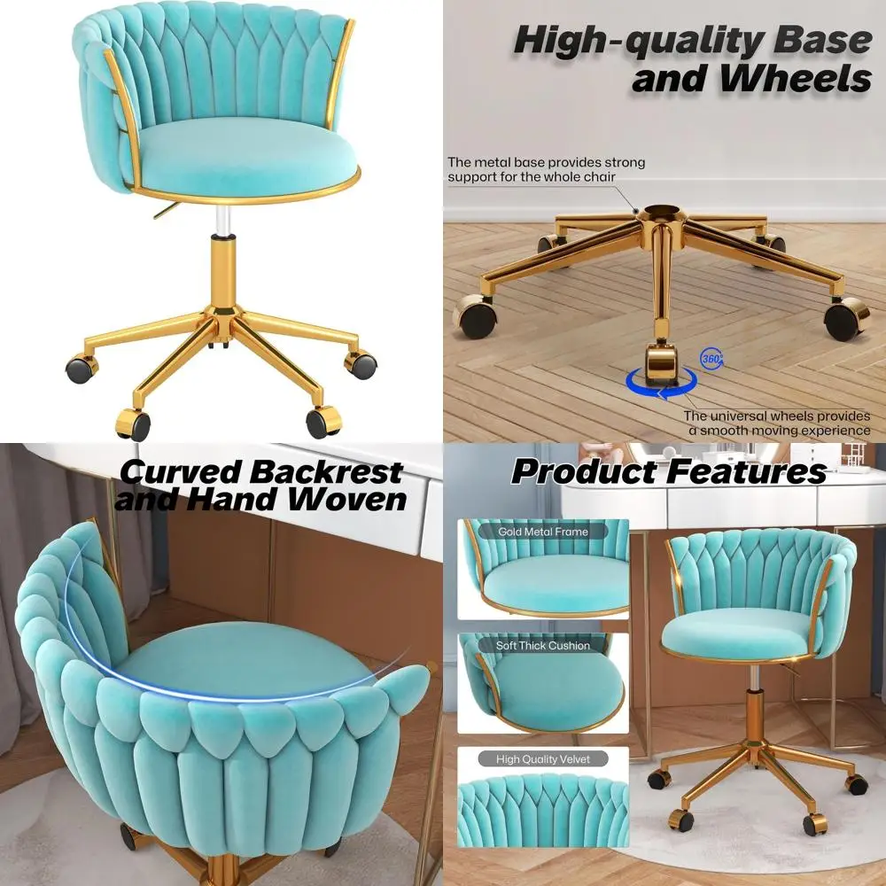 Cyan Velvet Swivel Office Chair with Adjustable Height, Gold Base for Home Study or Computer Room