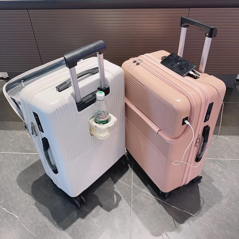 20/24/26 Inch Suitcase Spinner Wheel For Women Men Cabin Travel Trolley Case 2025 Fashion Front Open USB Charging Roller Luggage