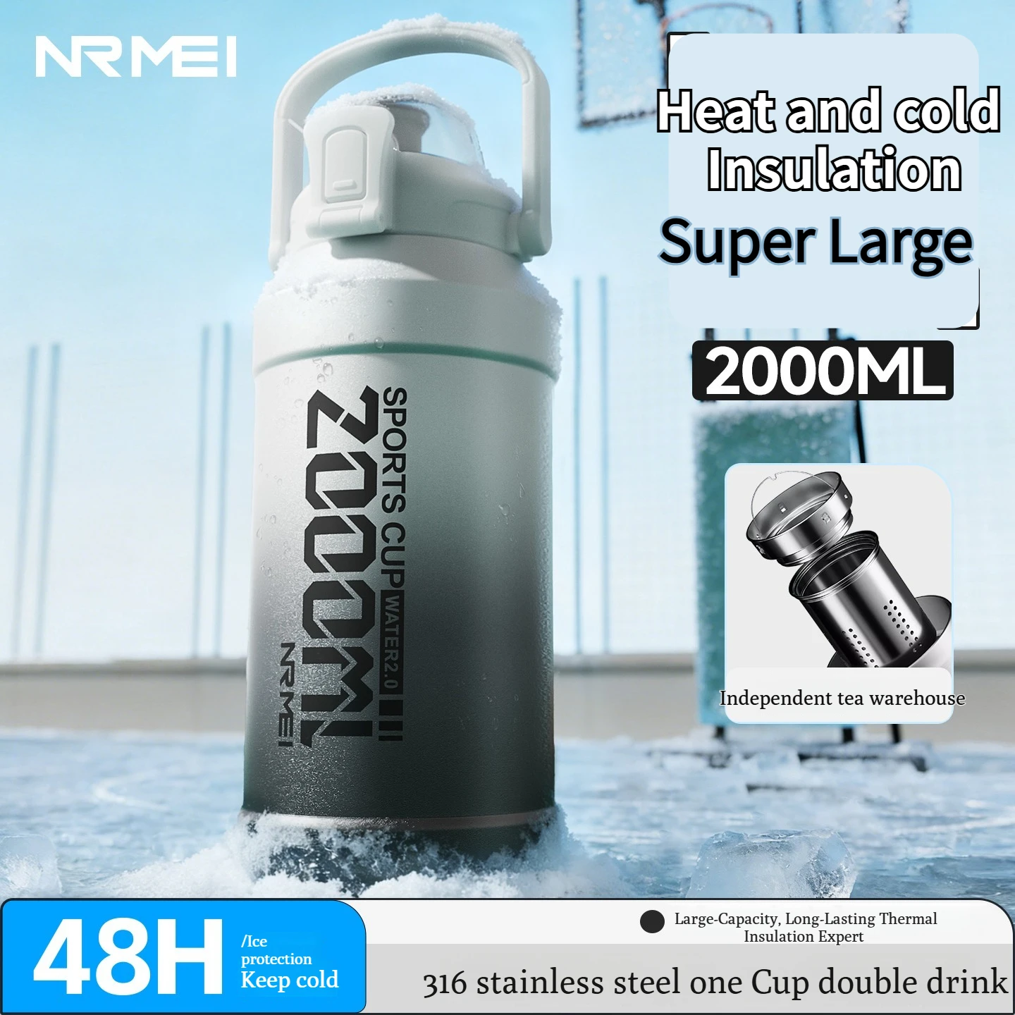 Termo de Gran Capacidad con Aislamiento al Vacío, Botella de Agua de Acero Inoxidable 316 con Asa y Pajita, Vaso Térmico