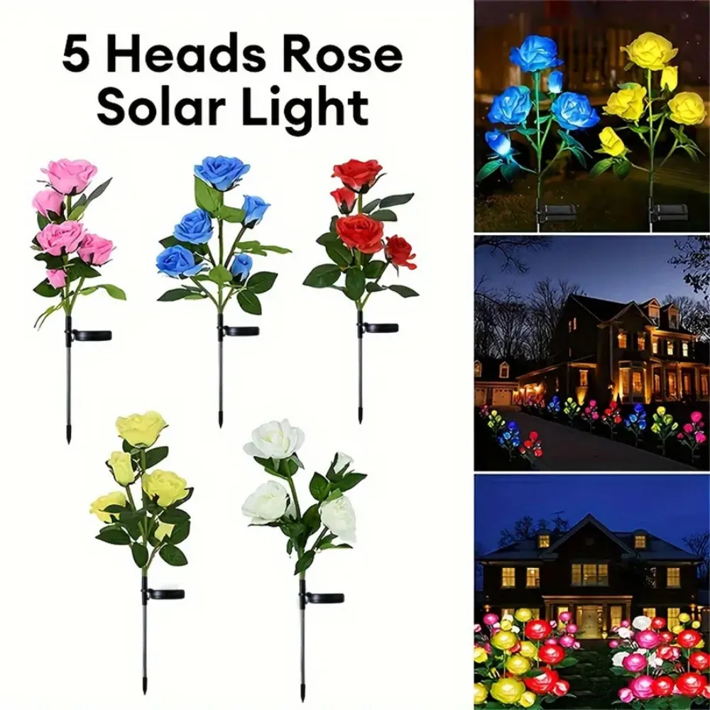 أضواء وردية تعمل بالطاقة الشمسية مكونة من 5 رؤوس، مصباح حديقة LED على شكل زهرة صناعية خارجية، مصباح حصة للمناظر الطبيعية المقاومة للماء لديكور المنزل في الفناء #5