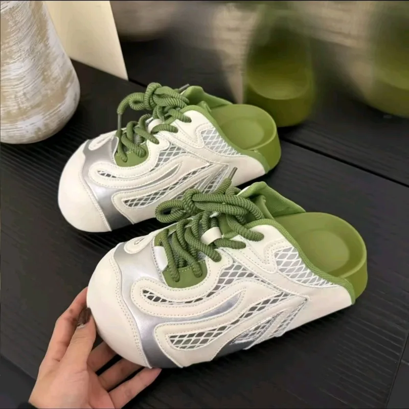 

Women Flats Platform Mules Shoes Mesh Summer Slippers Casual Sandals 2025 New Sneakers Trend Lace Up Woman Flip Flops Zapatos