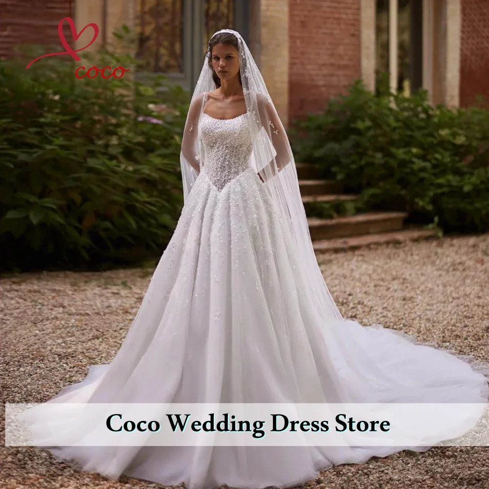Customized Luxury Beaded A-line Tulle Wedding Dress  Thin Straps Floor-length Bridal Gown Strapless Dresses For Bride