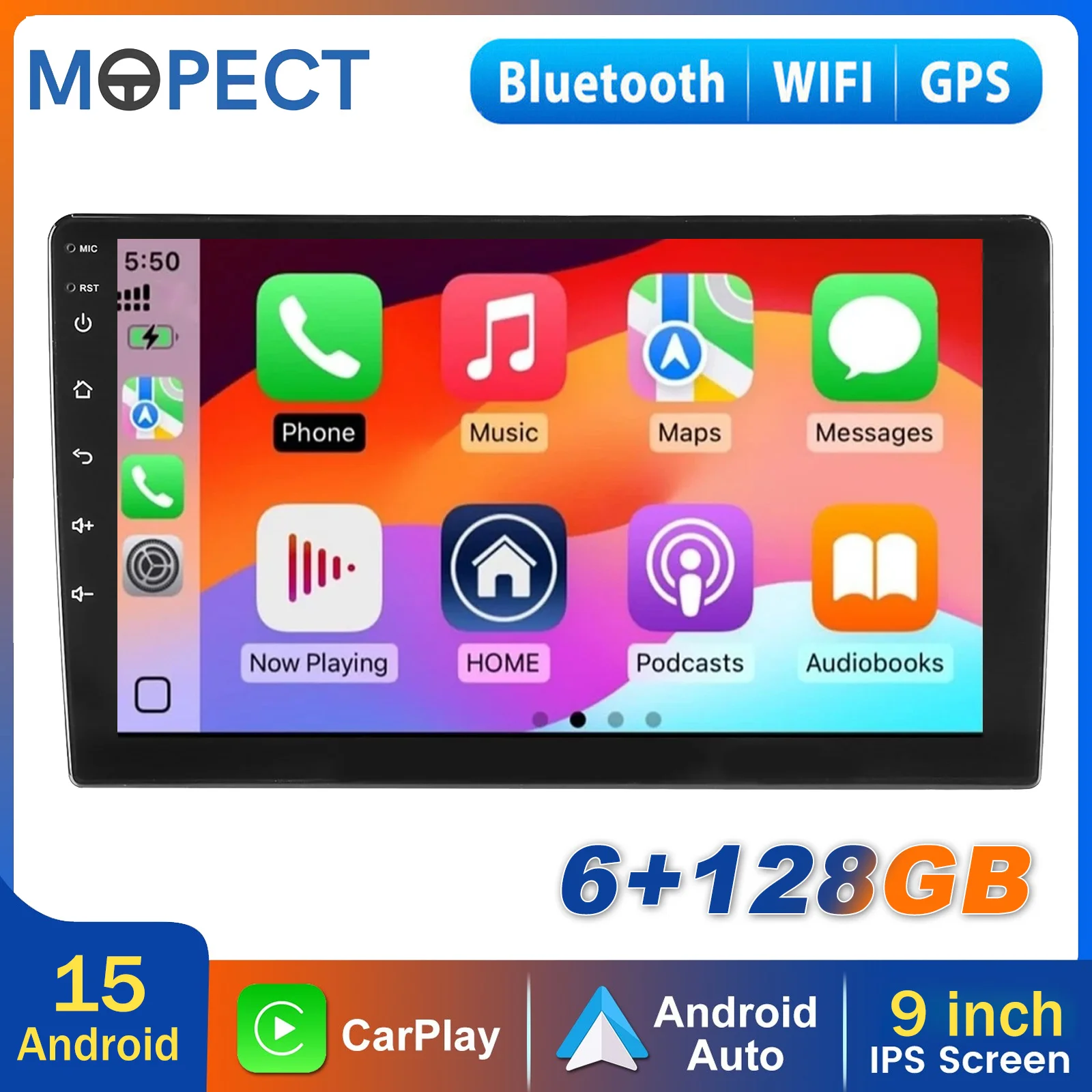 MOPECT Doppel-DIN 9-Zoll Universal 6GB+128GB Autoradio Android 15 CarPlay Touchscreen GPS BT Bluetooth FM SWC Apple CarPlay Radio USB Navi mit DAB & AHD-Kamera