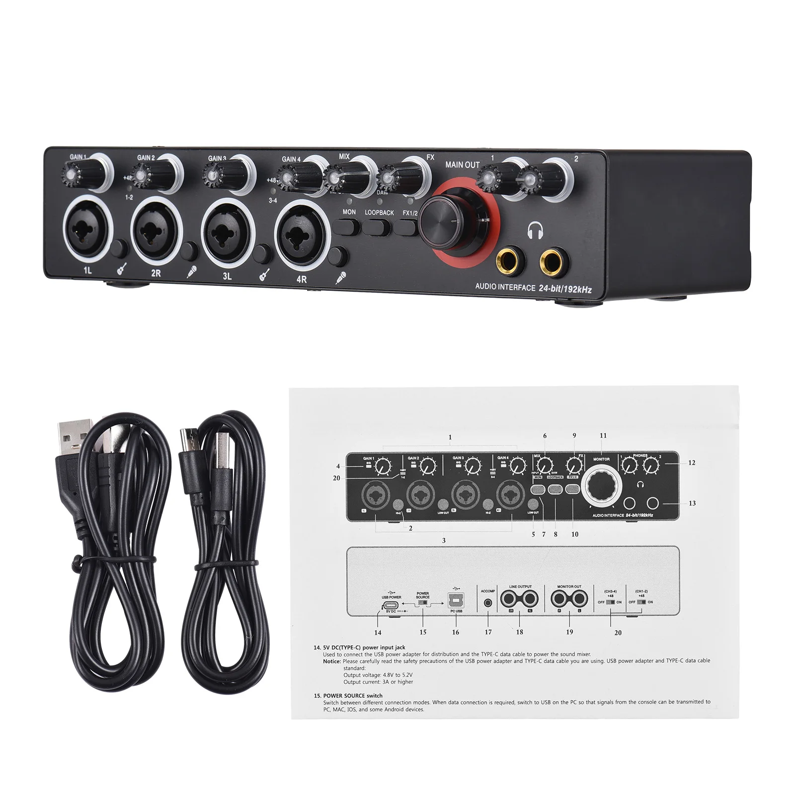 Carte son statique à 4 canaux avec interface audio gratuite, alimentation fantôme, 4 entrées, 4 sorties, USB, 24 bits, 192kHz, 48V