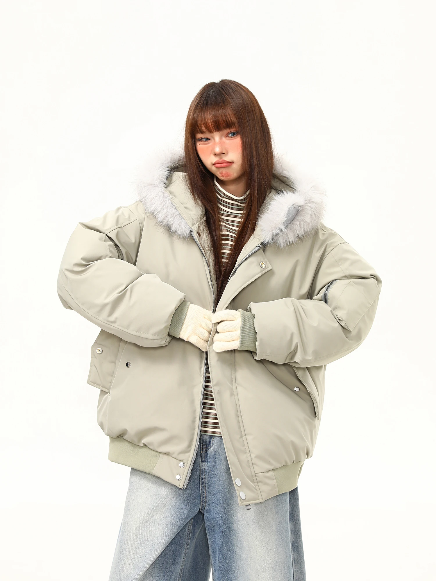 

Утепленная хлопковая куртка в американском ретро-стиле с капюшоном и меховым воротником, свободного кроя, зимняя, модная, уличный стиль