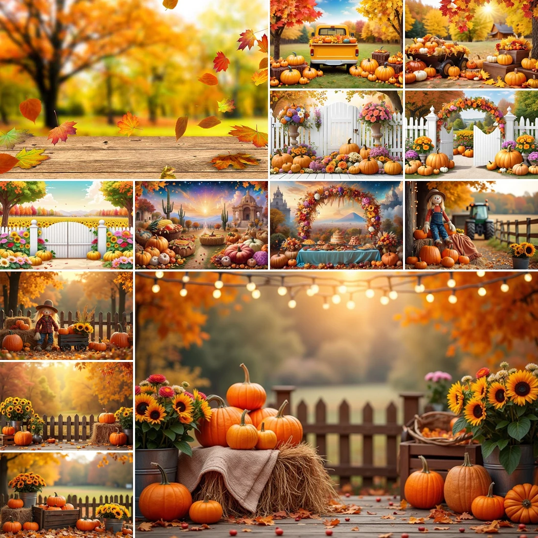 

MOON.QG Thanksgiving Photo Backdrop Pumpkin Maple Hay Backgrounds For Photographs Party Decoration Photobooth Accessories