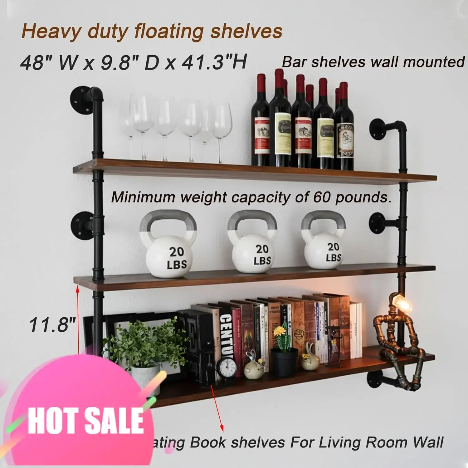 

Hot salesExclusive Offer Industrial Pipe Wall Shelves Pipe Shelving with Real Wood Plank,48 Inches Floating Shelves for Wall Far