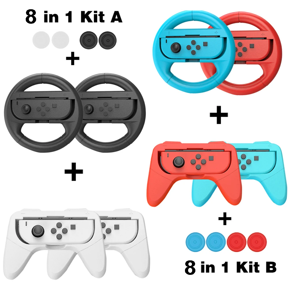 8 in 1 Siwthc Oled Accessories Kit 2 Racing Steering Wheel 2 Handle Grips 4 Analog Caps for Nintendo Switch Joycon Tennis Racket