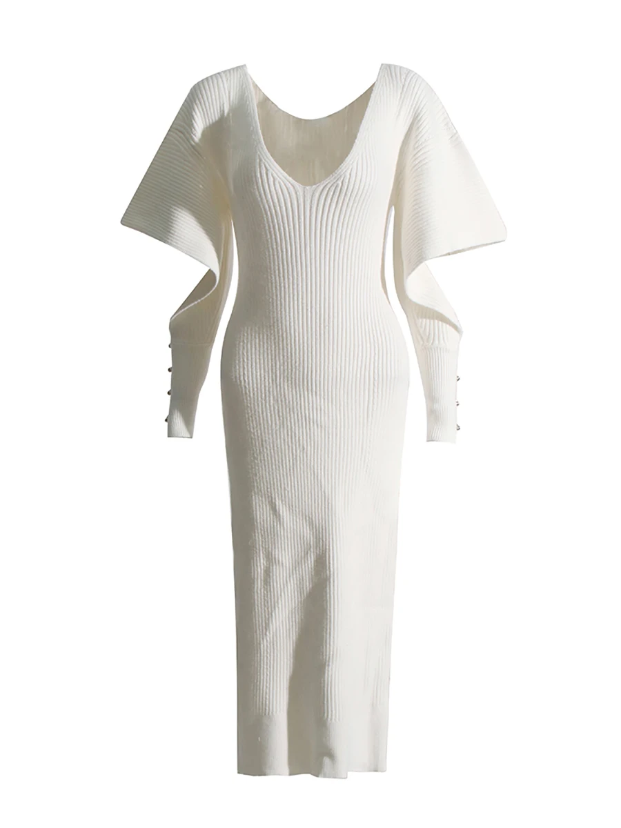 VGH Sexy Fashion Party Irregular Sleeve Mid Dress for Women Deep Neck Patchwork Cut Out Designer Knitted Bodycon Dresses Female