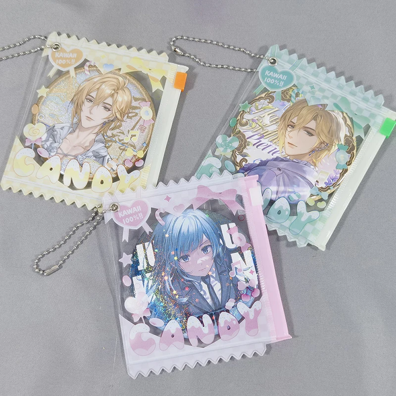 Cartoon Transparent PVC Candy Badge Storage Bags With Keyring Mini Dolls Organizer Pouches Display Bag Gift