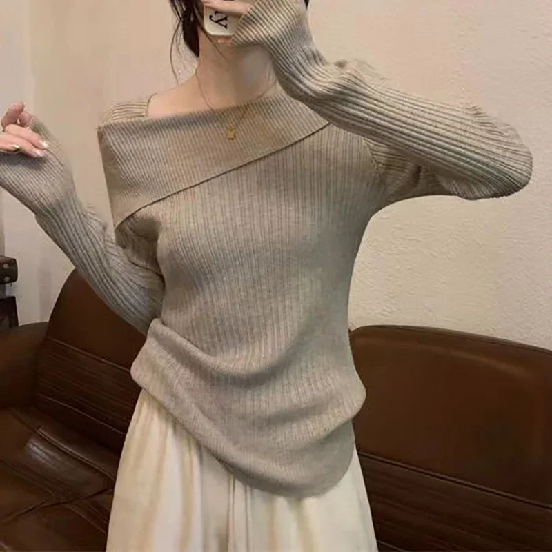 

Office Fashion Autumn Winter New Pullovers Solid Sexy Slim Off Shoulder Slash Neck Long Sleeve Knitting Sweater Women Jumpers