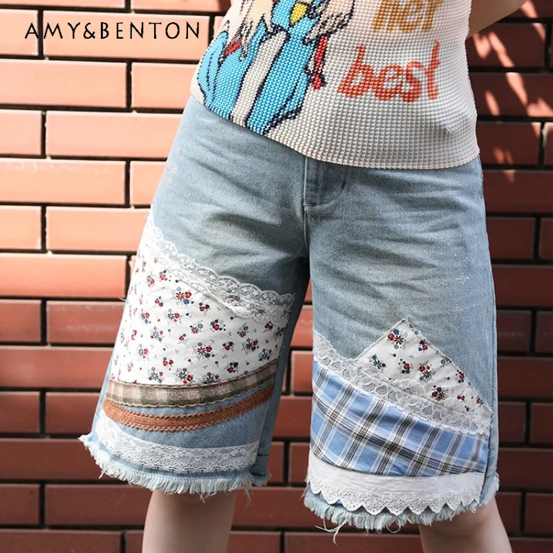 

American Retro Blue Floral Lace splicing Women's Denim Shorts Summer New Loose Slimming Versatile Straight Middle Pants Ladies