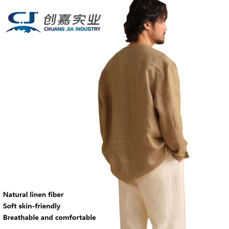 

Linen Spring Summer Men's Long-sleeved Shirt Crewneck Pullover T-shirt Brown Loose Large Size 3XL Fat 100KG High-end Clothing