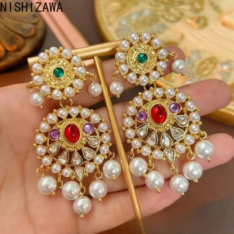 

NISHIZAWA Gemstones Pearls Earrings for Women Tassels Palace Style Vintage Jewelry Fashion Elegant Hyperbole Aretes De Mujer