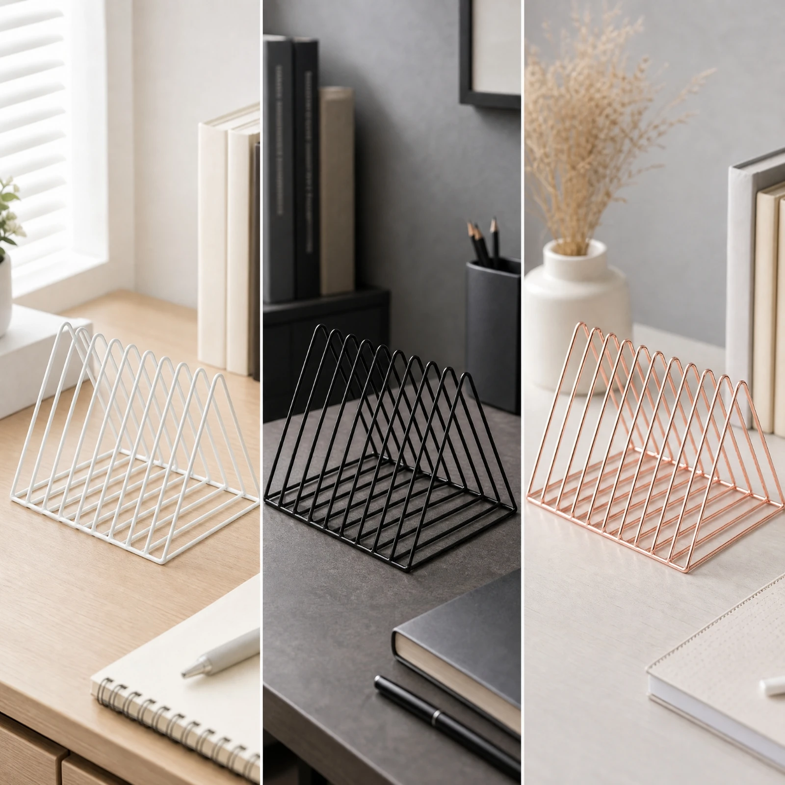 Iron Wire Desktop Organizer Metal Triangular Wire Display Rack Vinyl Album Holder Space-Saving for Home Office, Media Corner