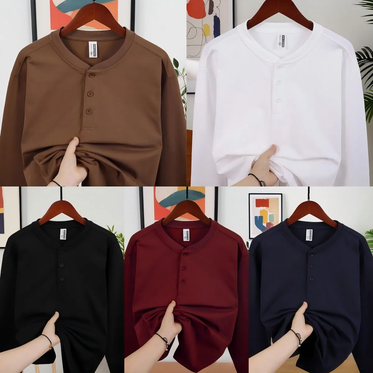 

Classic Solid Men Henley Shirts Button Spring T Shirt Office Soft Top Casual Fashion Long Sleeve Simple Basic Comfy Streetwear