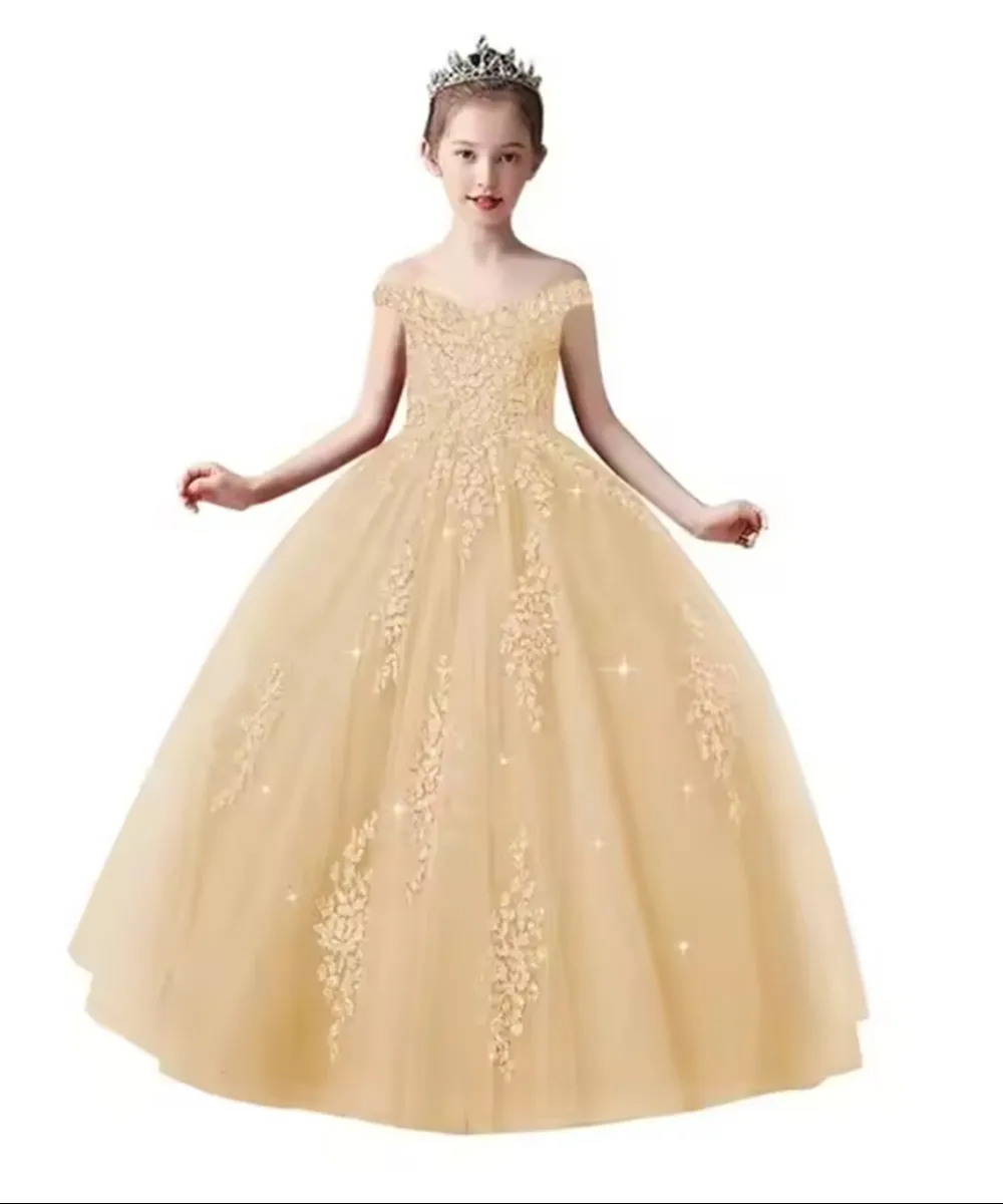 Elegante schulterfreie Blumenmädchenkleider für Hochzeiten, abgestuftes Ballkleid mit Applikationen, Prinzessin, Geburtstagsfeier, Kinder-Kommunionkleid