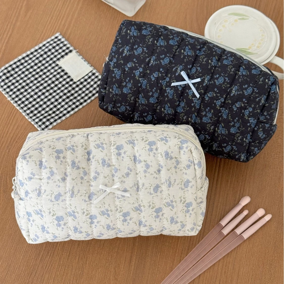 Cute Square Makeup Bag for Women Portable Travel Small Cosmetic Bags Floral Zipper Toiletry Bag Washing Pouch Storage Bags