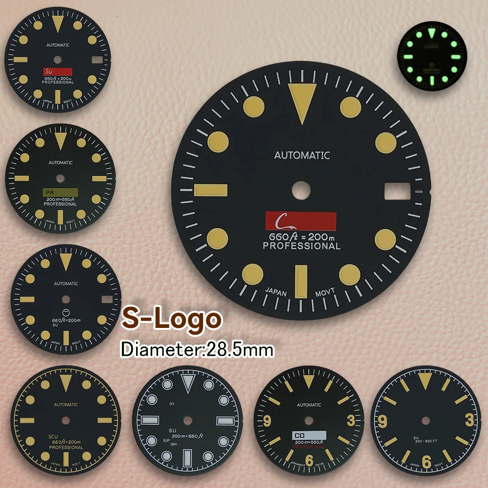 28.5mm S Logo Retro Matte Black Dial Suitable For NH35/NH36/4R/7S Movement Green Luminous Watch Modification Accessories