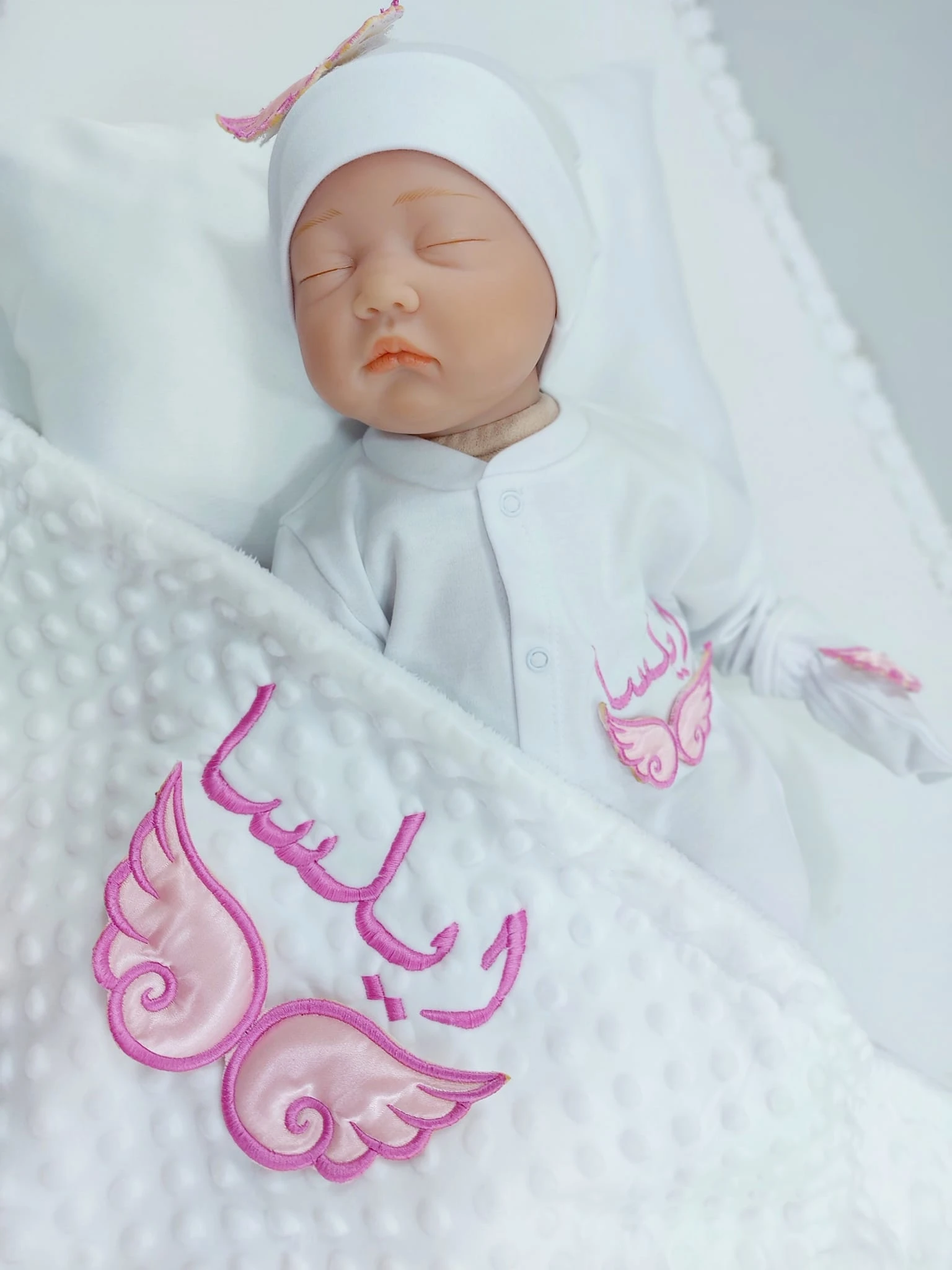 Dollbling 3pcs Plus Blanket  Wings Outfits Any Name Embroidery Sweetwood Gift Set Baby Pajamas Hat Welcome Home Ceremonial dress